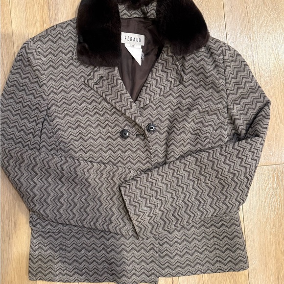 Louis Feraud Brown Zigzag Blazer with Black Fur Collar - Picture 1 of 10